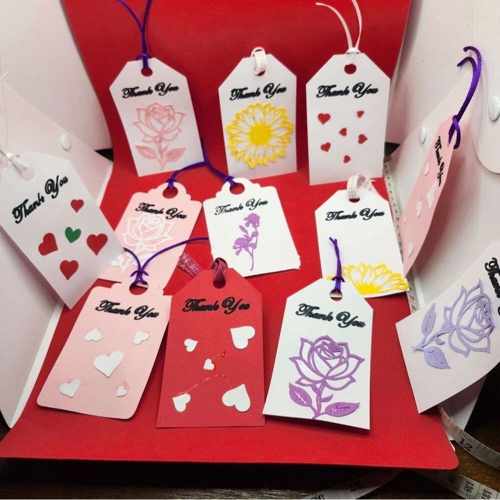 Hand Crafted  Floral  Colorful Gift Tags Thank You Cards Set of 12 - Picture 2 of 7